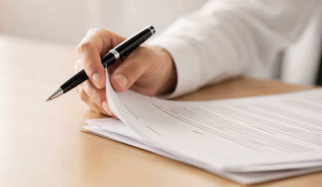 Inquilino firmando un contrato de alquiler de vivienda sobre una mesa]
