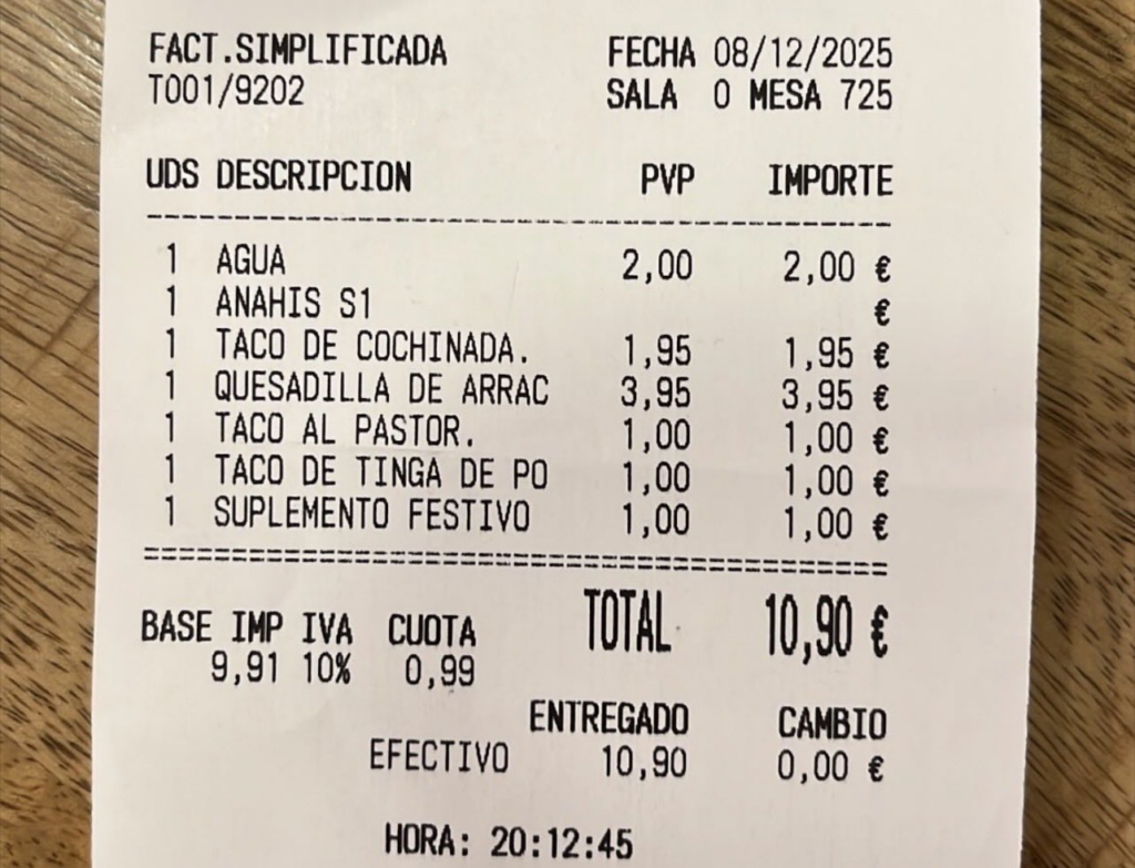 cuenta restaurante con suplemento ilegal